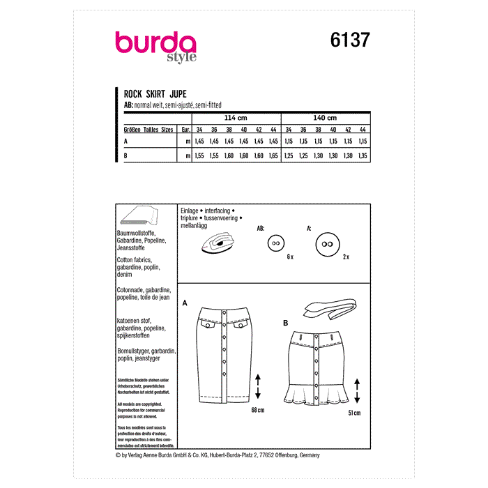 Burda Sewing Pattern 6137 Skirt from Jaycotts Sewing Supplies