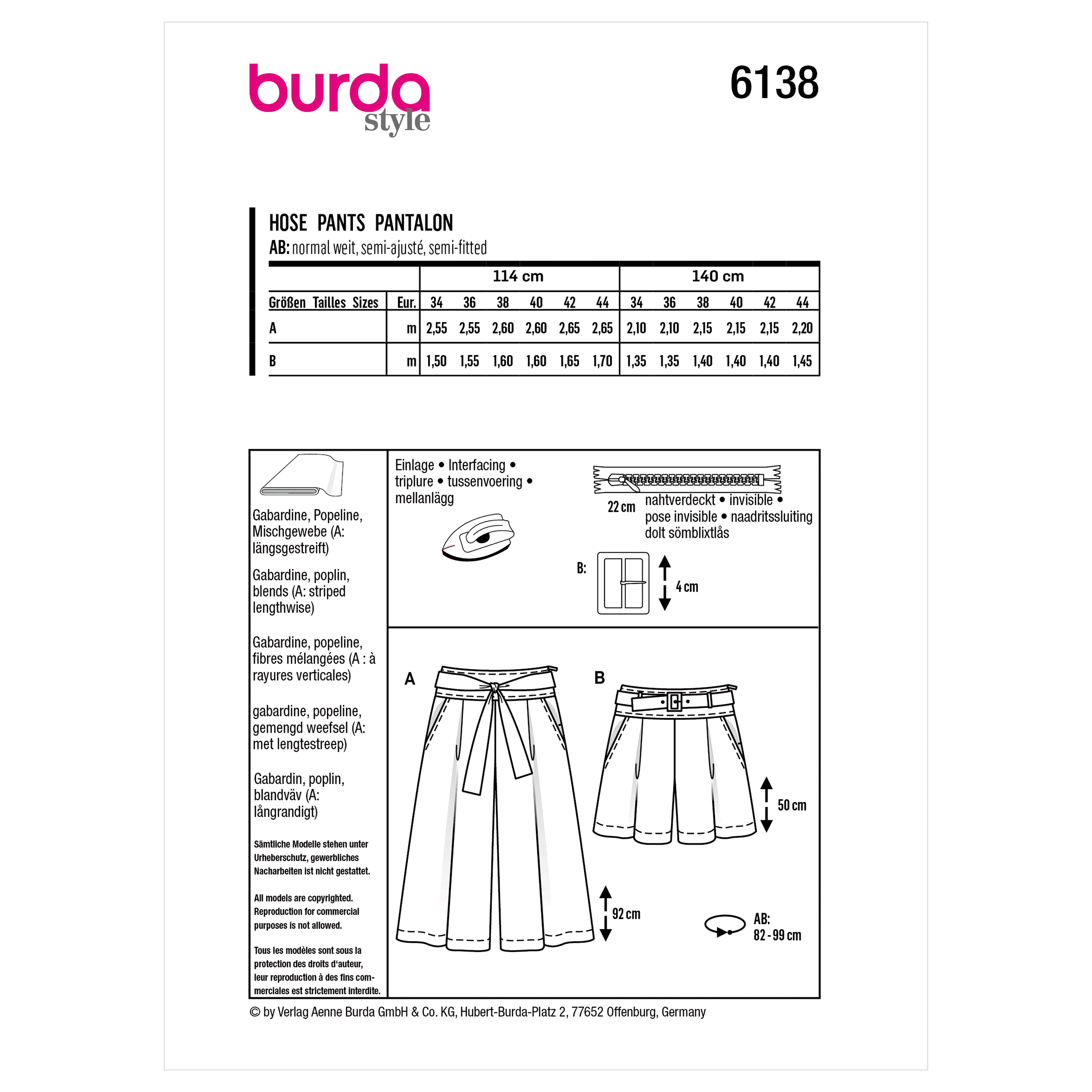 Burda Sewing Pattern 6138 Culottes, Trousers, Pants from Jaycotts Sewing Supplies