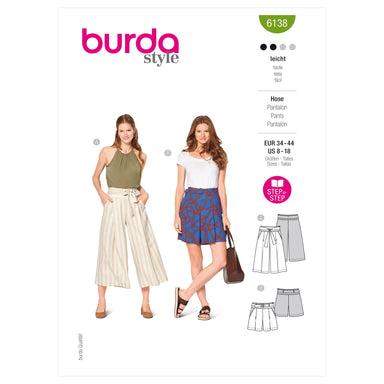 Burda Sewing Pattern 6138 Culottes, Trousers, Pants from Jaycotts Sewing Supplies