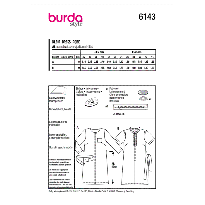 Burda Sewing Pattern 6143 Dress from Jaycotts Sewing Supplies