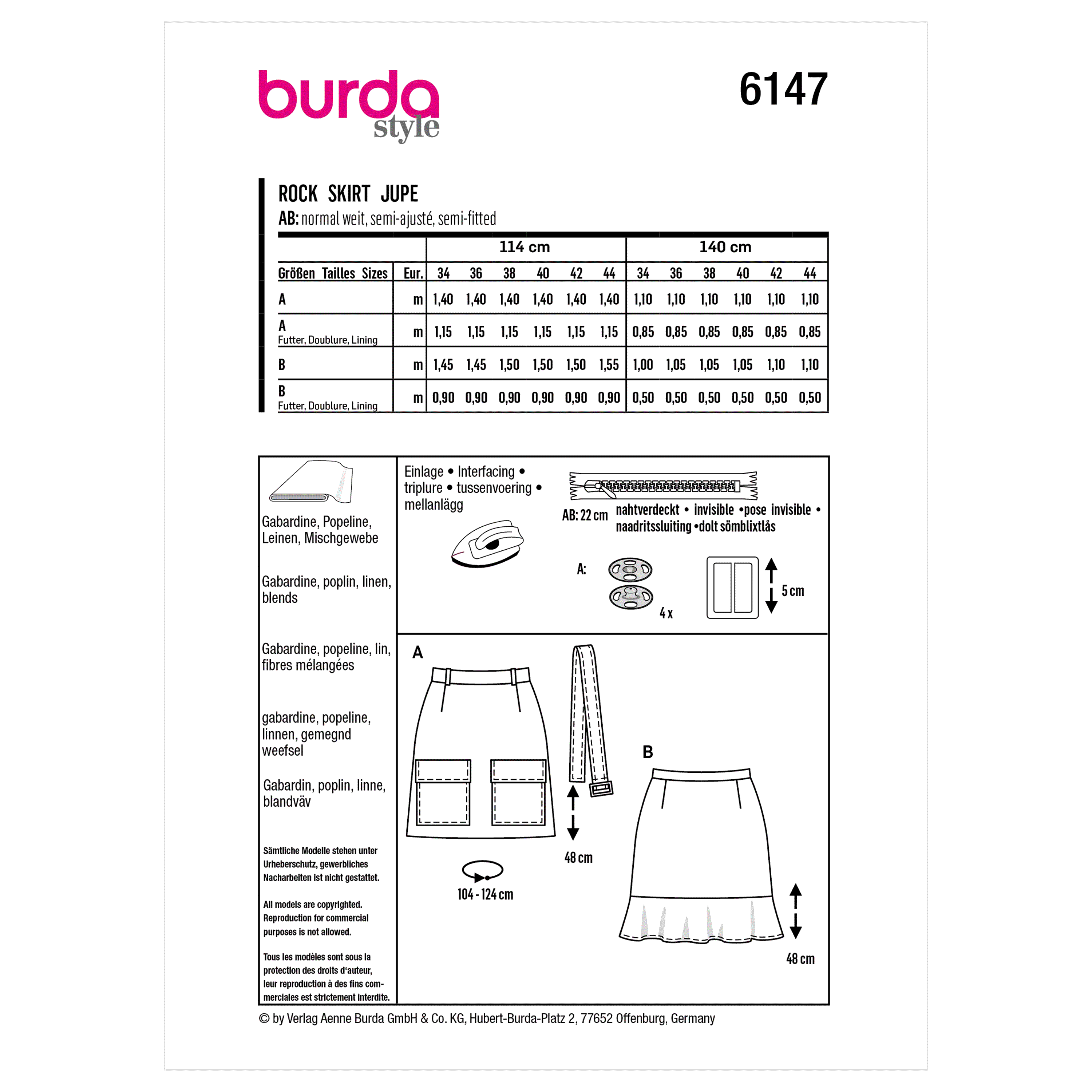 Burda Sewing Pattern 6147 Skirt from Jaycotts Sewing Supplies