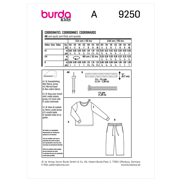 Burda Sewing Pattern 9250 Children's Pyjamas from Jaycotts Sewing Supplies