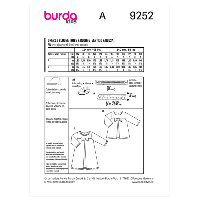 Burda Sewing Pattern 9252 Children's Sundress and Blouse from Jaycotts Sewing Supplies