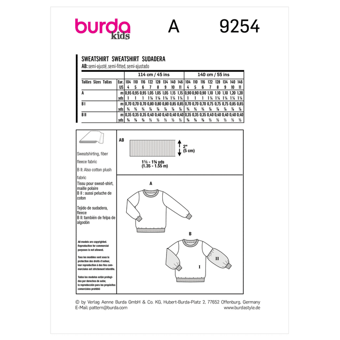 Burda Sewing Pattern 9254 Children's Sweatshirt from Jaycotts Sewing Supplies