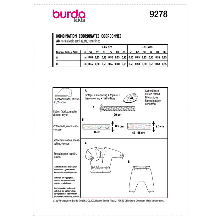 Burda Sewing Pattern 9278 Babies' Top and Trousers from Jaycotts Sewing Supplies