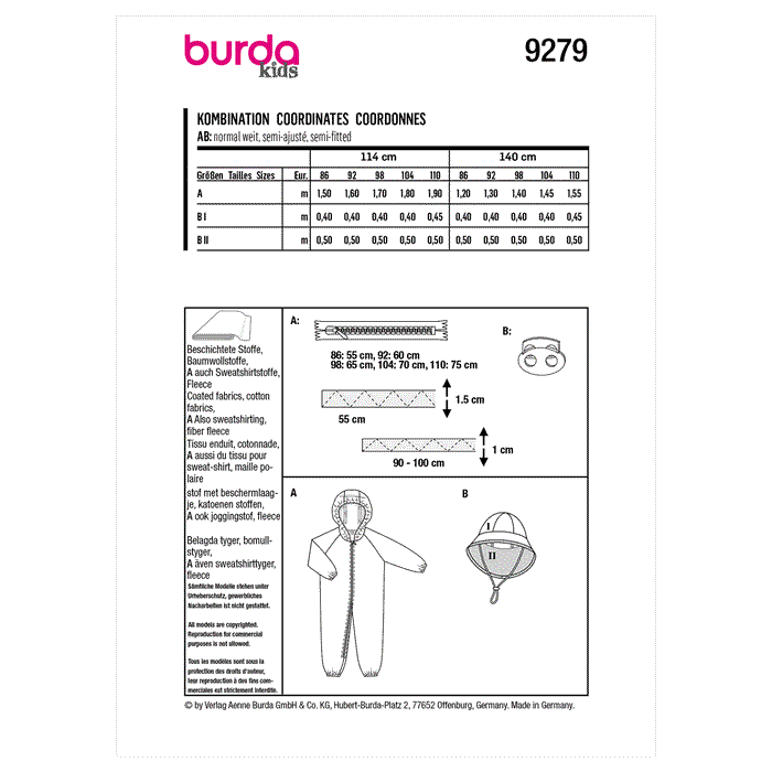 Burda Sewing Pattern 9279 Toddlers' Onesie and Hat from Jaycotts Sewing Supplies