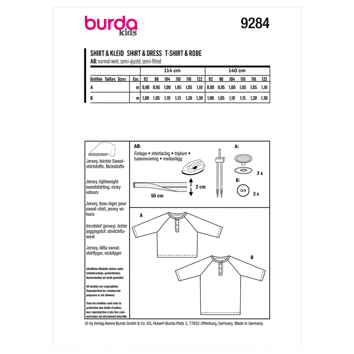 Burda Sewing Pattern 9284 Children's Top and Dress from Jaycotts Sewing Supplies