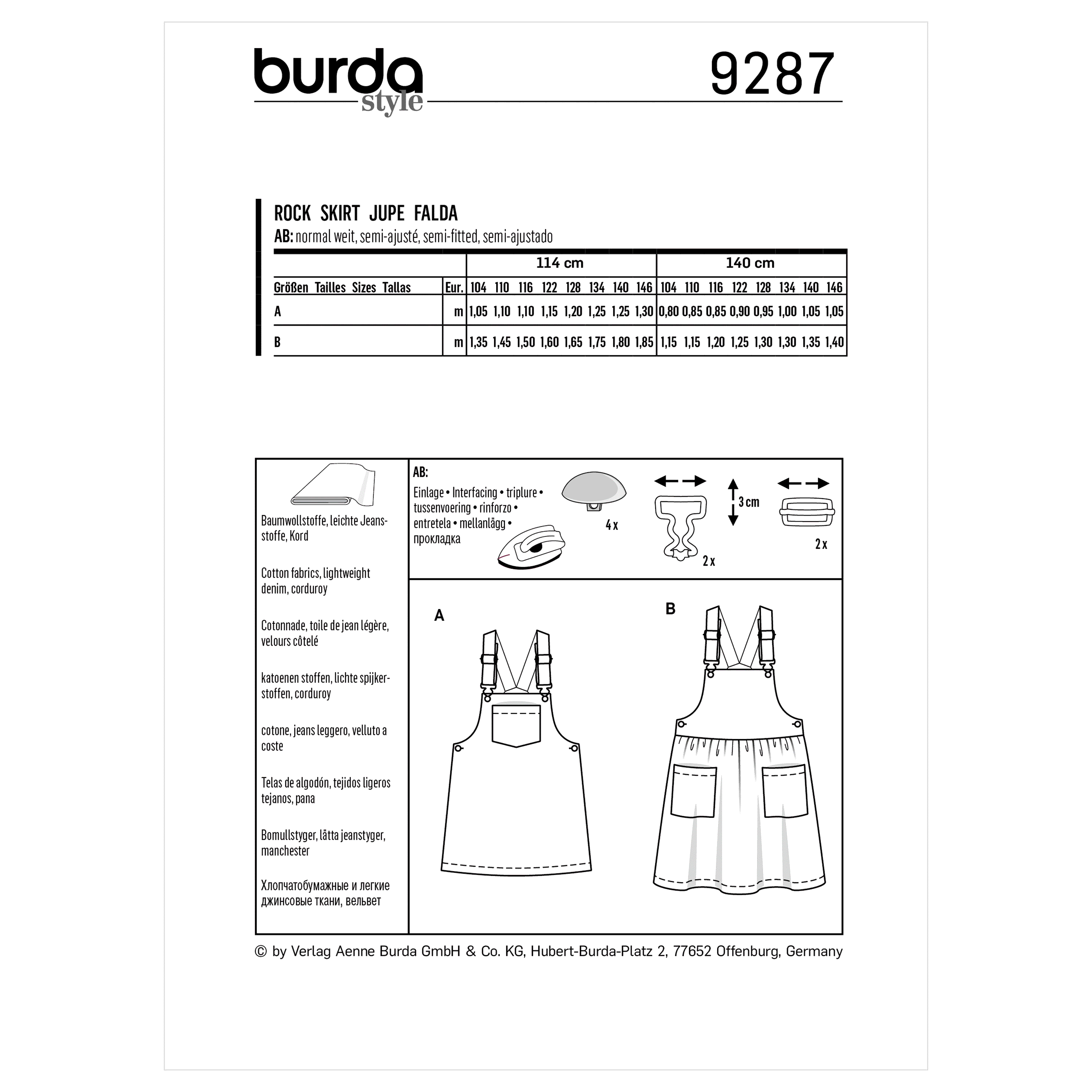 Burda Sewing Pattern 9287 Children's Bibbed skirt – Pinafore from Jaycotts Sewing Supplies