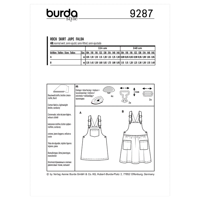 Burda Sewing Pattern 9287 Children's Bibbed skirt – Pinafore from Jaycotts Sewing Supplies