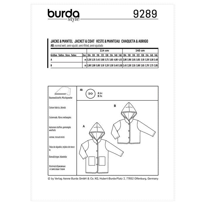 Burda Sewing Pattern 9289 Children's Hooded Jacket from Jaycotts Sewing Supplies