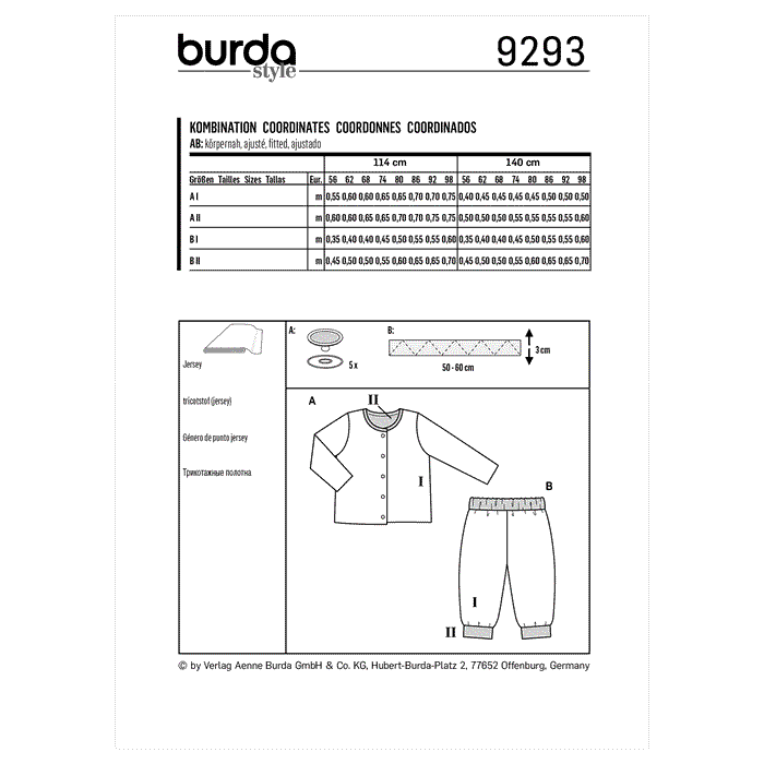 Burda Pattern 9293 Babies' Reversible Jacket and trousers from Jaycotts Sewing Supplies