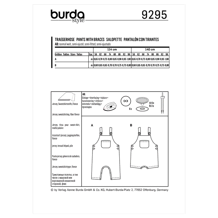 Burda Sewing Pattern 9295 Babies' Bibbed Overalls from Jaycotts Sewing Supplies