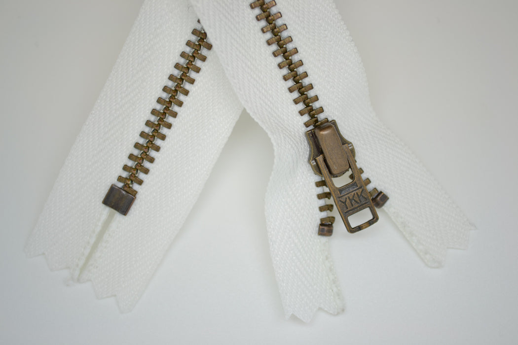 Metal Dress Zip | Antique Brass - WHITE from Jaycotts Sewing Supplies