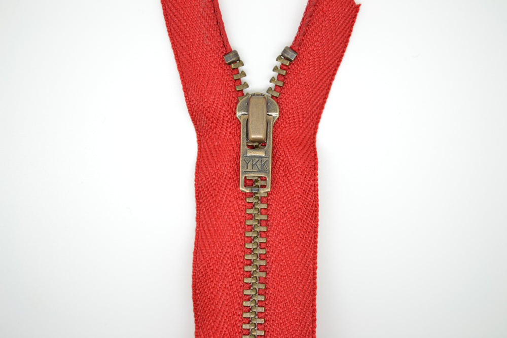 Metal Dress Zip | Antique Brass - RED from Jaycotts Sewing Supplies