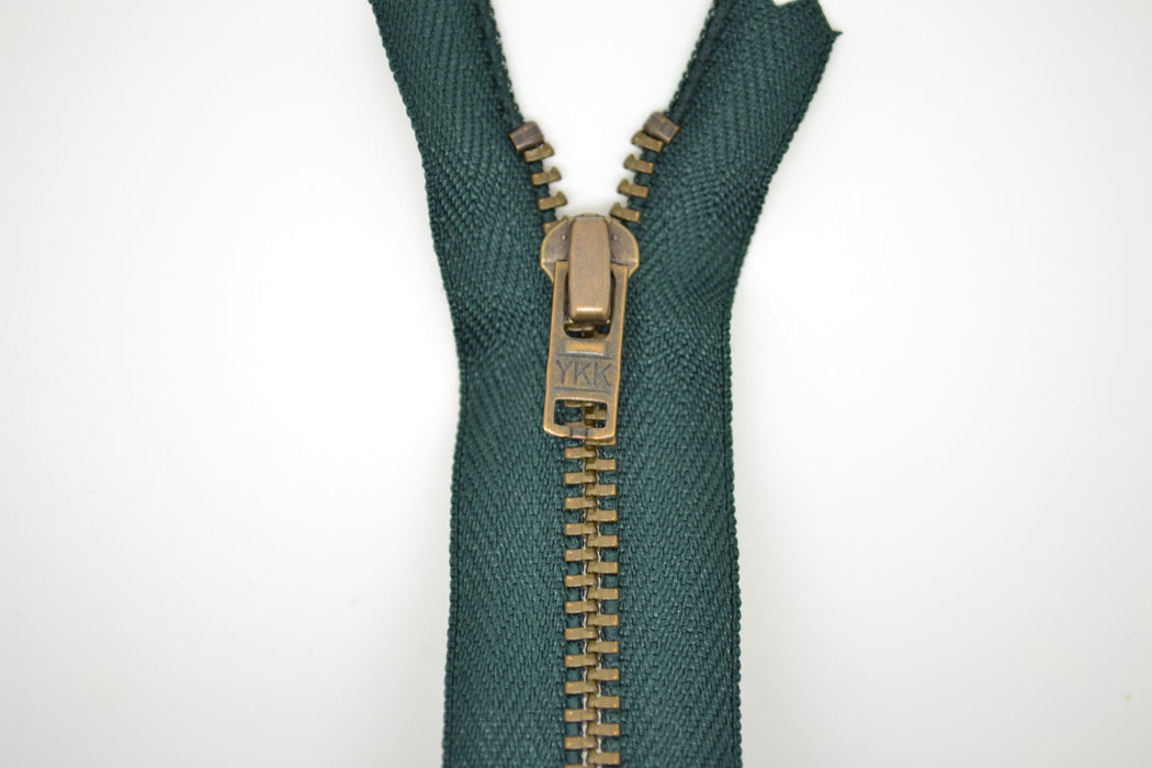 Metal Dress Zip | Antique Brass - BOTTLE GREEN from Jaycotts Sewing Supplies