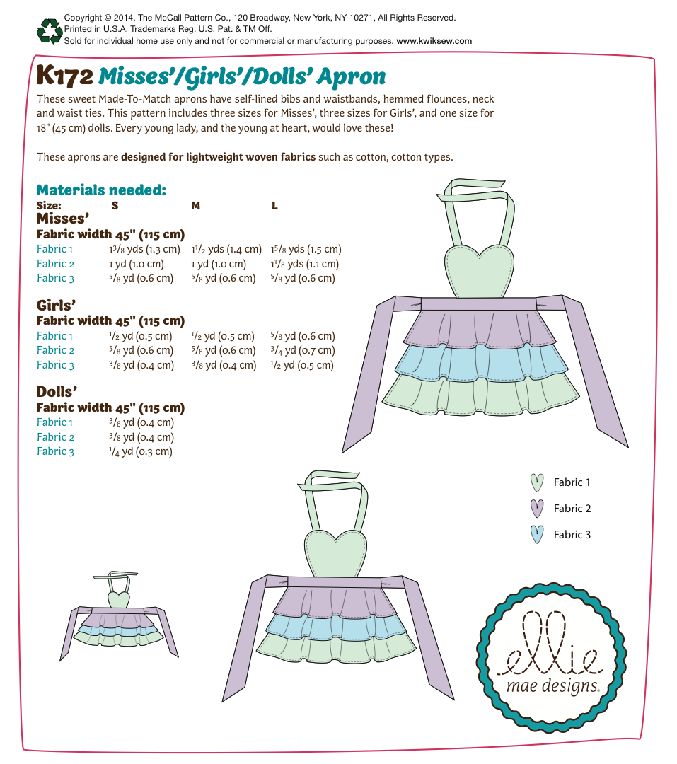 Kwik Sew 0172 Misses'/Girls'/Dolls' Apron from Jaycotts Sewing Supplies