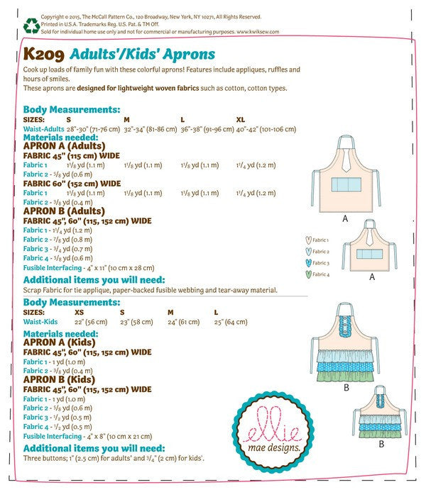 Kwik Sew 0209 Adults/Kids' Aprons from Jaycotts Sewing Supplies