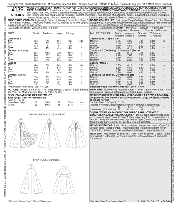 McCall's 4139 Misses'/Men's/Teen Boys' Lined and Unlined Cape Costumes from Jaycotts Sewing Supplies