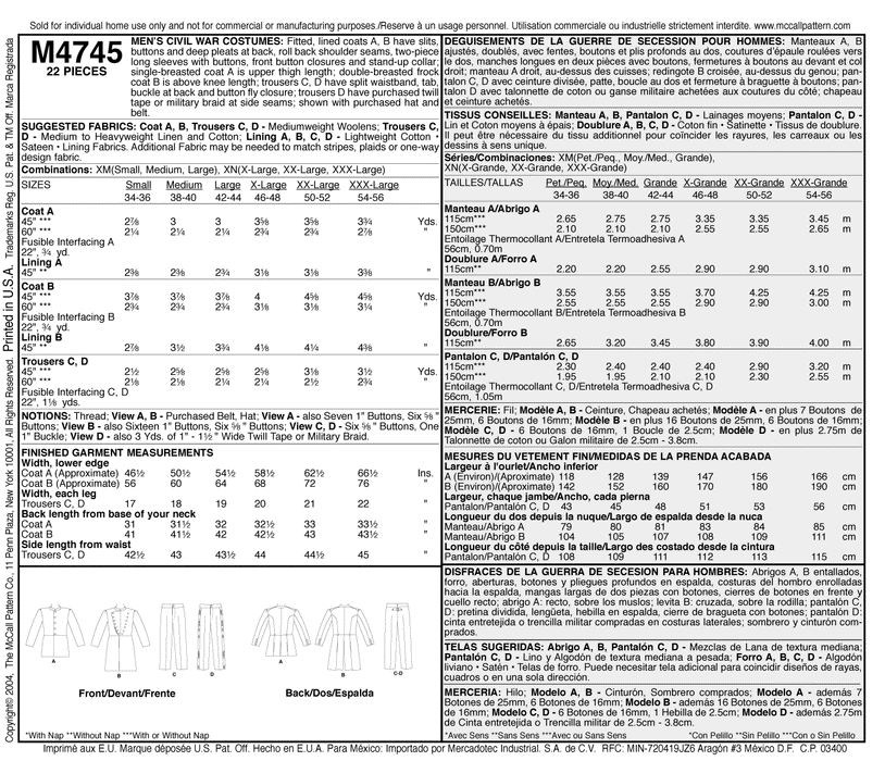 McCall's 4745 Men's American Civil War Costumes Pattern from Jaycotts Sewing Supplies