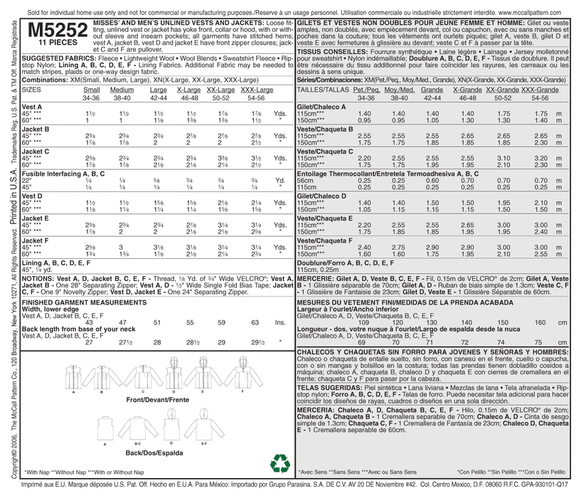 McCall's 5252 Misses/Men's Unlined Vest and Jackets Pattern from Jaycotts Sewing Supplies
