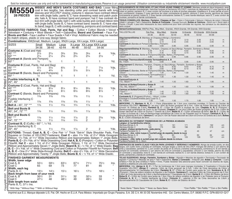 McCall's 5550 Misses'/Men's Santa Costumes and Bag Pattern from Jaycotts Sewing Supplies
