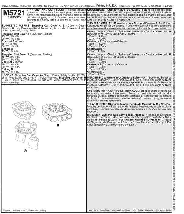 McCall's 5721 3-In-1 portable shopping cart / high chair cover Pattern from Jaycotts Sewing Supplies