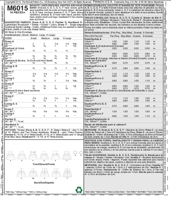 McCall's 6015 Infants' Lined Dresses, Panties and Headband Pattern from Jaycotts Sewing Supplies