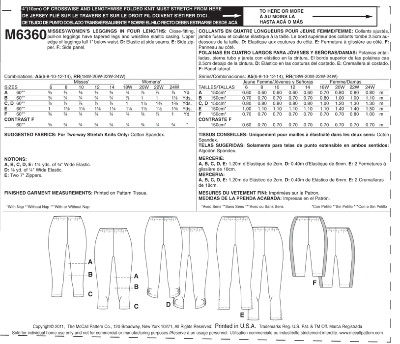 McCall's 6360 Misses'/Women's Leggings In 4 Lengths Pattern from Jaycotts Sewing Supplies