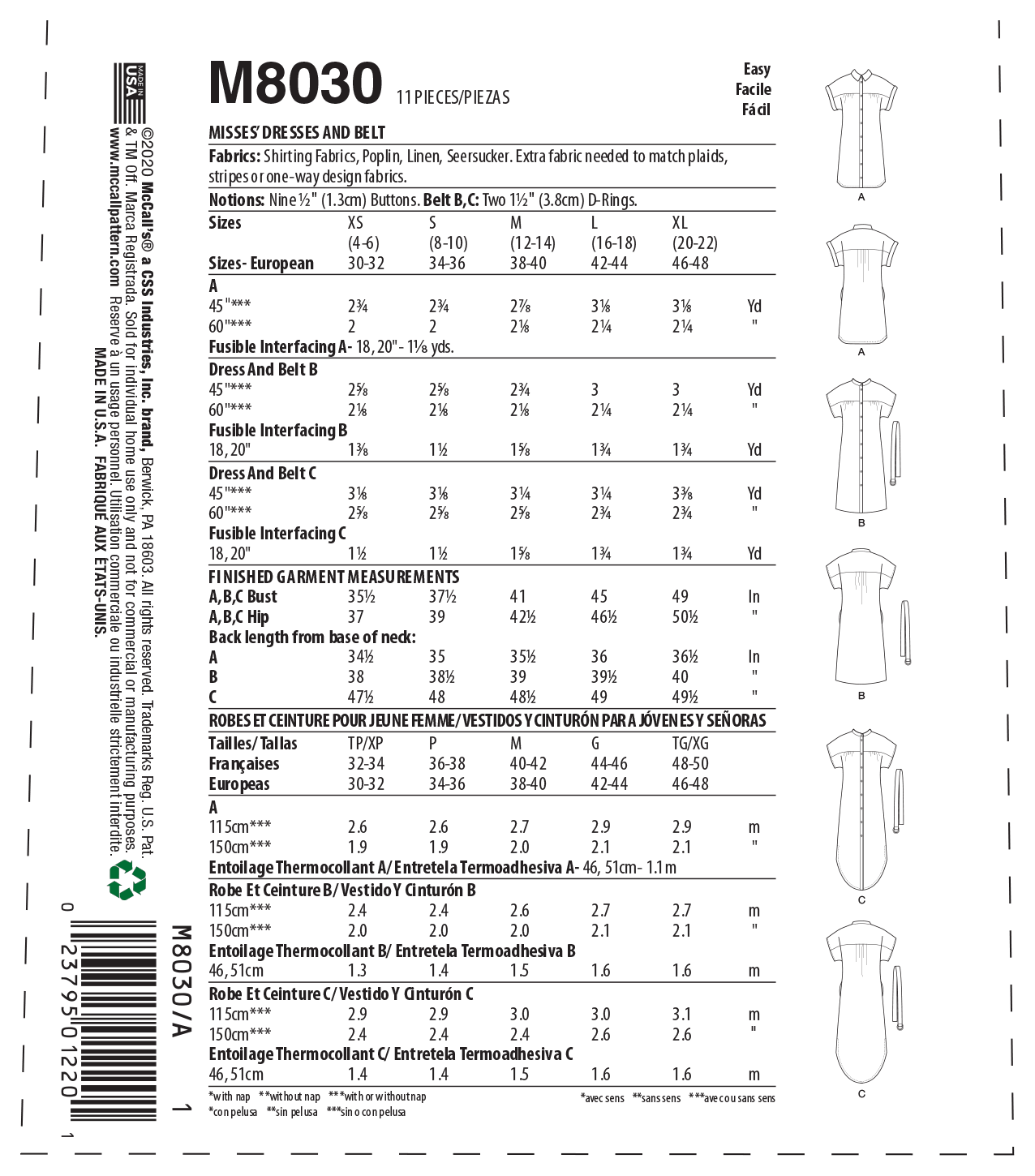 McCalls Sewing Pattern 8177 Misses' Dresses and Belt