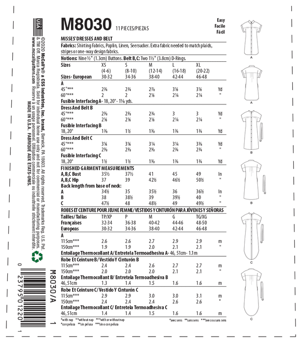 McCall's pattern 8030 Dresses and Belt from Jaycotts Sewing Supplies