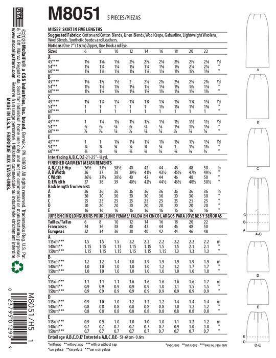 McCall's pattern 8051 Pencil Skirts In Five Lengths from Jaycotts Sewing Supplies