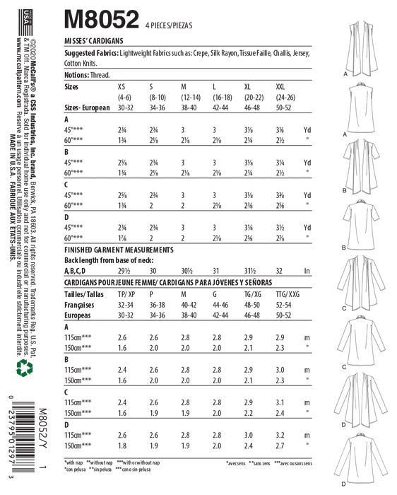 McCall's pattern 8052 Shawl Collar Cardigans from Jaycotts Sewing Supplies