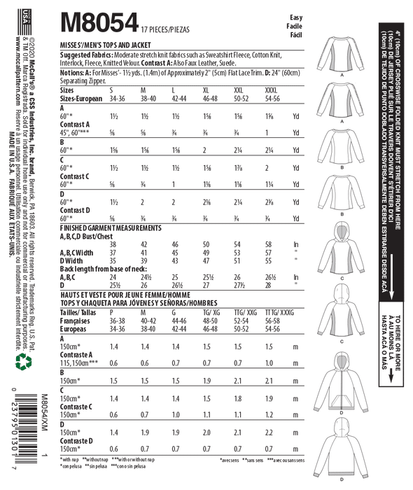 McCall's pattern 8054 Misses'/Men's Tops and Hoodies from Jaycotts Sewing Supplies