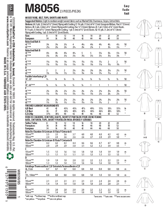 McCall's pattern 8056 Robe, Belt, Tops, Shorts and Pants from Jaycotts Sewing Supplies