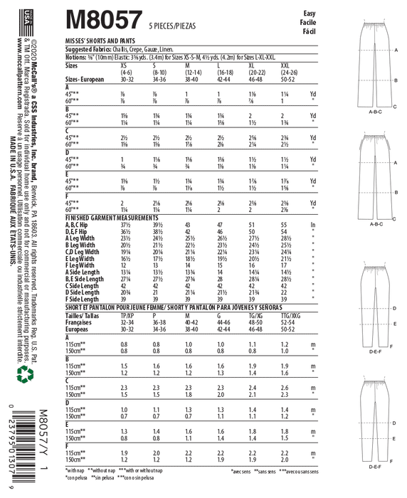 McCall's pattern 8057 Elastic-Waist Shorts and Pants from Jaycotts Sewing Supplies