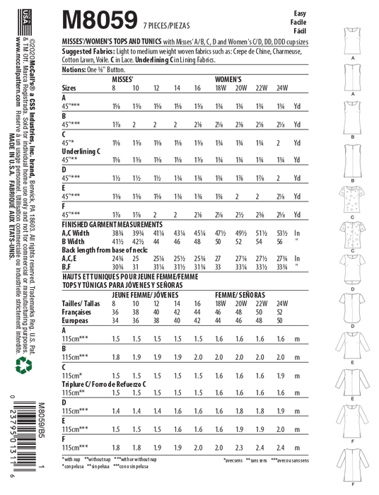 McCall's pattern 8059 Misses'/Women's Pullover Tops and Tunics from Jaycotts Sewing Supplies