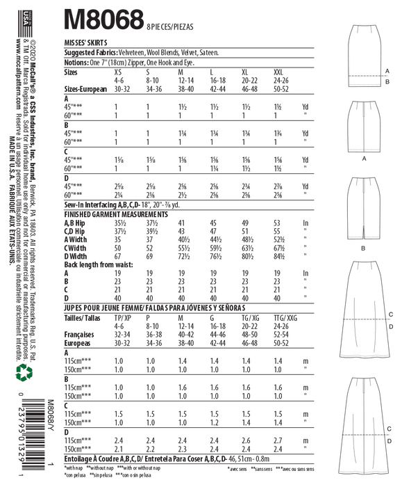 McCall's pattern 8068 Skirts in Three Lengths from Jaycotts Sewing Supplies