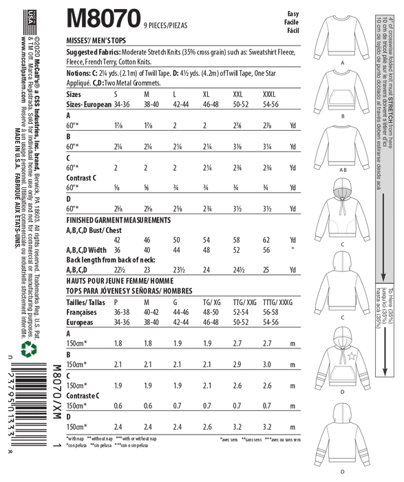 McCall's pattern 8070 Misses' and Mens Tops from Jaycotts Sewing Supplies