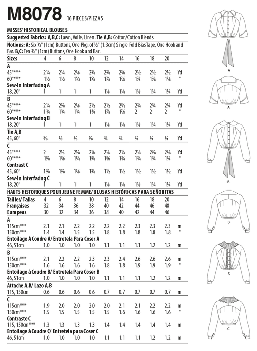 McCall's 8078 Historical Blouse sewing pattern from Jaycotts Sewing Supplies