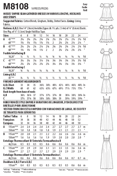 McCall's 8108 Empire Seam Gathered Dresses pattern #RavenMcCalls from Jaycotts Sewing Supplies