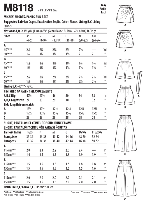 McCall's 8118 Shorts, Pants and Belt sewing pattern #SequoiaMcCalls from Jaycotts Sewing Supplies