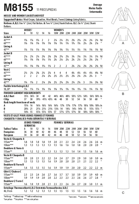 McCalls Sewing Pattern 8155 Misses' and Women's Jacket and Vest from Jaycotts Sewing Supplies