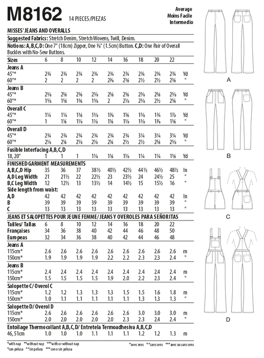 McCall's 8162 Misses' Flared Jeans, Overalls, Skinny Jeans & Shortalls pattern from Jaycotts Sewing Supplies