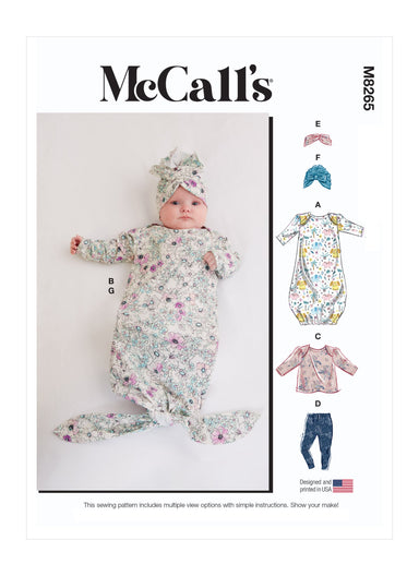 McCall's Sewing Pattern 8265 Infants' Gown, Top, Pants, Headband and Hat from Jaycotts Sewing Supplies