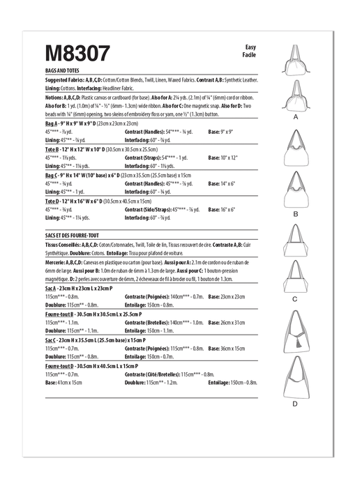 McCall's sewing pattern 8307 Bags and Totes from Jaycotts Sewing Supplies