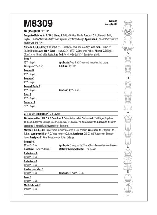 McCall's sewing pattern 8309 18 inch Doll Clothes from Jaycotts Sewing Supplies