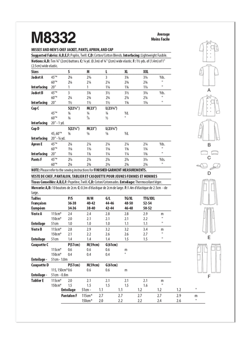 McCall's Sewing Pattern M8332 Unisex Chef Jacket, Pants, Apron and Cap from Jaycotts Sewing Supplies