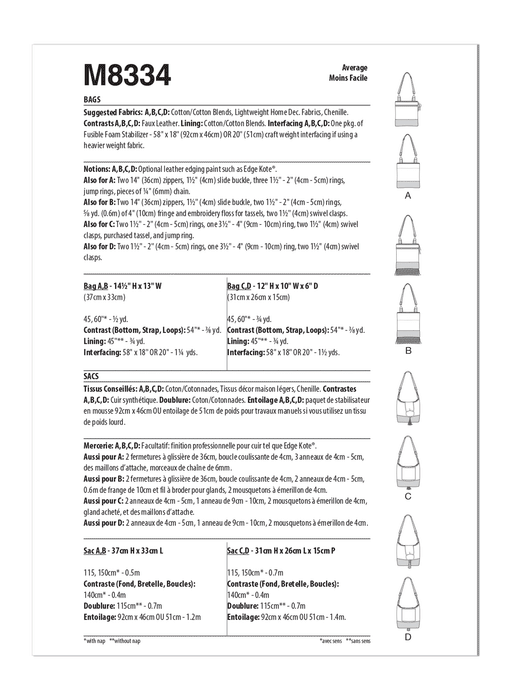 McCall's Sewing Pattern M8334 Bags by Tiny Seamstress Designs from Jaycotts Sewing Supplies