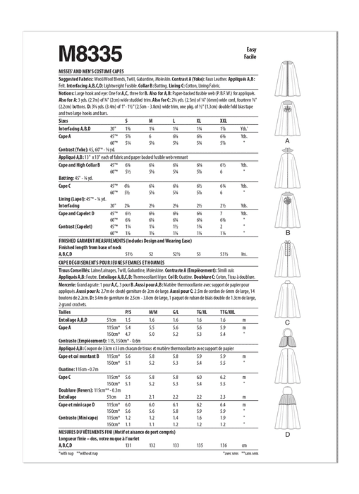 McCall's Sewing Pattern M8335 Men's and Misses' Costume Capes from Jaycotts Sewing Supplies