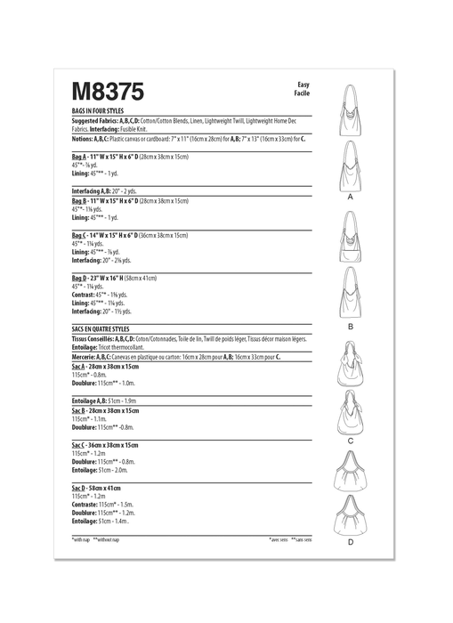 McCall's Sewing Pattern 8375 Bags in Four Styles from Jaycotts Sewing Supplies